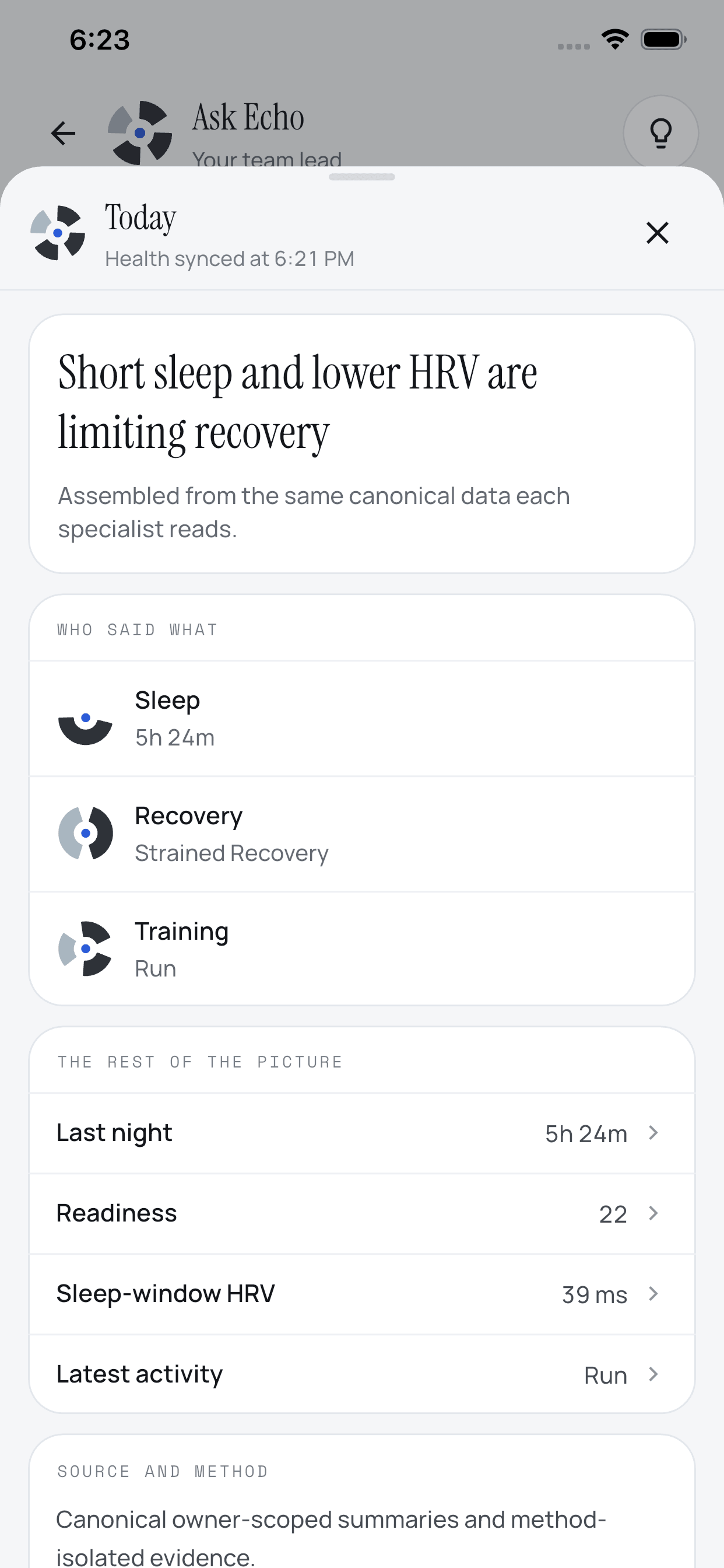 Ask Echo Today sheet with the run already on Training, last night, and sleep-window HRV